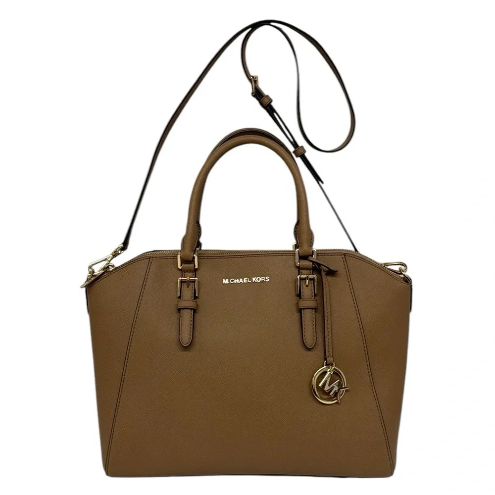 Michael Kors Camel-Beige Saffiano Leather Double Top Handles Satchel Bag Purse